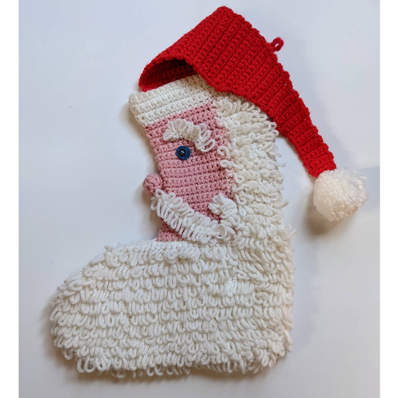 Vintage Anthropomorphic Santa Claus Stocking "Loopy Santa" Hand Crocheted 1970s - Picture 3 of 6